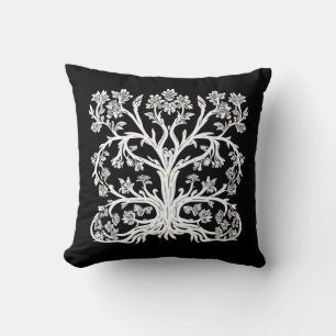 Coussin Arbre de vie floral en blanc sur noir
