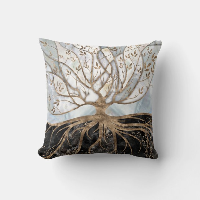 Coussin Arbre de vie - Le marbre perle, or et noir (Recto)
