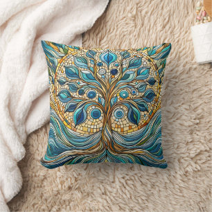 Coussin Arbre de Vie Mosaïque de Verre Brisé Bleus Aqua 