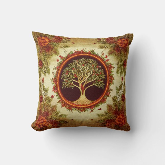 Coussin Arbre de vie par kedoki Green et Orange Broidery (Recto)