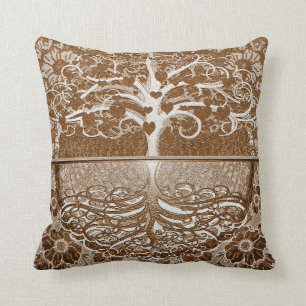 Coussin Arbre des coeurs de la vie dans le brun par Amelia