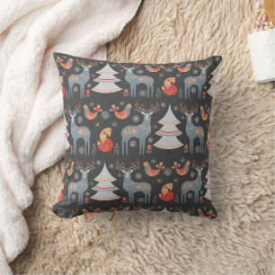Coussin Arbre floral de Noël gris foncé renne nordique