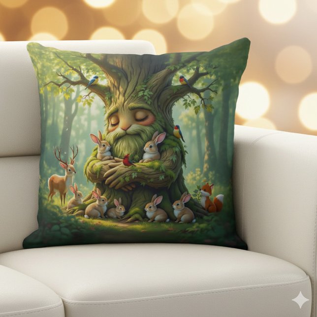 Coussin Arbre Père Whimsical avec des Créatures de Forêt (Father Tree with Woodland Creatures Throw Pillow Cover Photo)