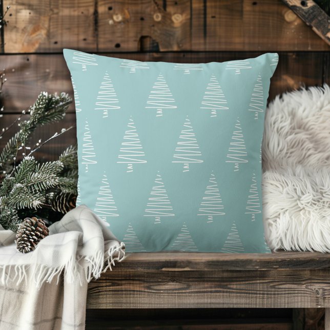Coussin Arbres De Noël Bleu-Vert Et Blanc (Stylish Blue-Green And White Christmas Trees Throw Pillow)