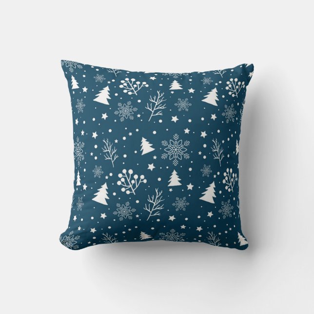 Coussin Arbres de Noël bleus et blancs et flocons de neige (Recto)