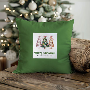 Coussin Arbres de Noël modernes aquarelle nom personnalisé