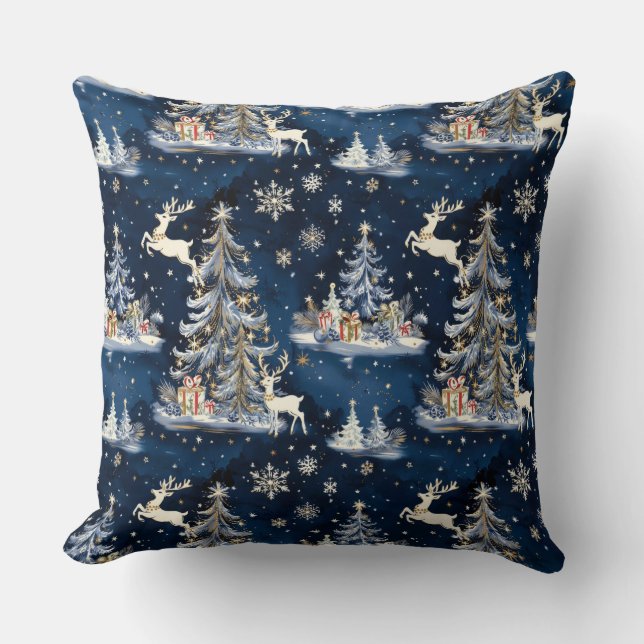 Coussin Arbres de Noël, rennes et flocons de neige (Recto)