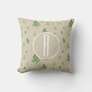 Coussin Arbres de pin à l'aquarelle monogramme Kraft initi