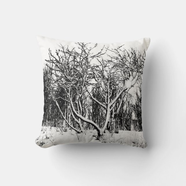 Coussin Arbres et scène de neige, noir et blanc (Recto)