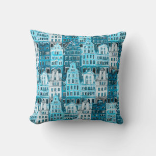 Coussin Architecture d'Amsterdam, aquarelle bleue.