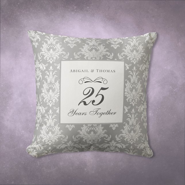 Coussin Argent Damask 25e anniversaire Mariage (25th Wedding Anniversary Silver Damask Gift Throw Pillow)