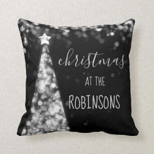 Coussin Argent de scintillement d'arbres de Noël de nom de