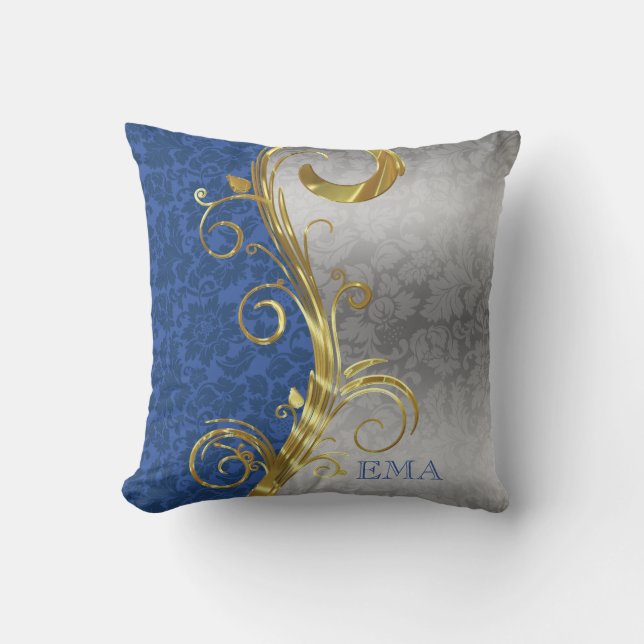 Coussin Argent Et Damas Bleu (Recto)