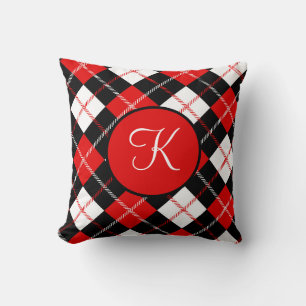 Coussin Argyle à carreaux rouge noir et blanc avec monogra
