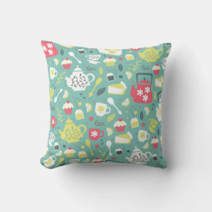 Coussin Arrière - plan avec théières, tasses, citron, Fleu