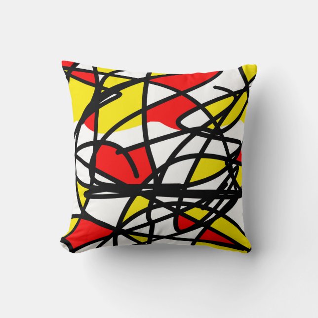 Coussin Art Abstrait Jaune Rouge Noir Blanc (Recto)