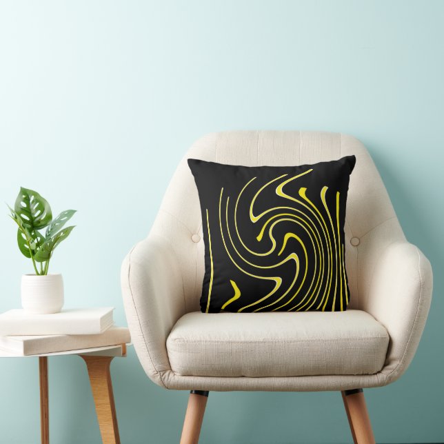 Coussin Art Abstrait Noir Blanc Lignes Jaunes Minimalisme (Chaise)