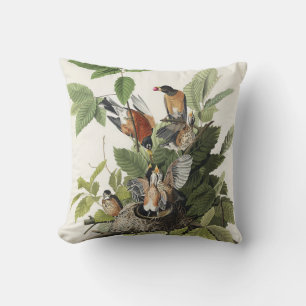 Coussin Art ancien nid d'oiseau Merle d'Amérique d'Audubon