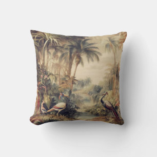 Coussin Art botanique antique de grue tropicale et de palm