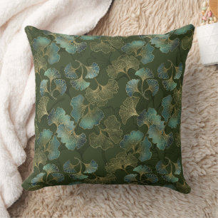 Coussin Art botanique raffiné Ginkgo or émeraude vert