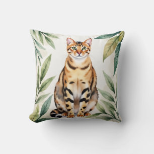 Coussin Art de chat Bengal aquarelle feuille de jungle