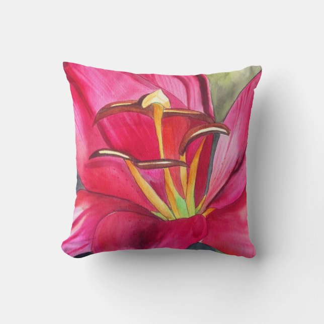 Coussin Art de fleur d'aquarelle d'origine du lys rouge (Recto)