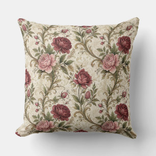 Coussin Art de motif floral de rose botanique et damas vin
