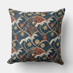 Coussin Art de motif japonais Guerrier Samouraï & Vague Oc