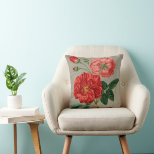 Coussin Art de rose rouge antique sur gris