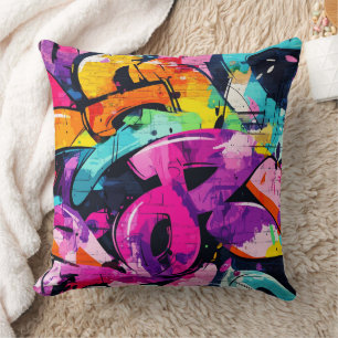 Coussin Art de rue audacieux avec du noir violet et jaune