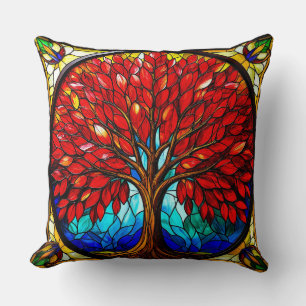 Coussin Art de vitrail d'arbre rouge vibrant