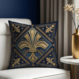Coussin Art Déco Fleur de lis Bleu et or