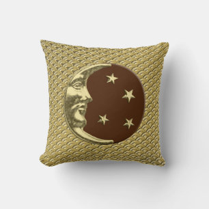 Coussin Art Déco Lune et étoiles - Chocolat Brown & Or