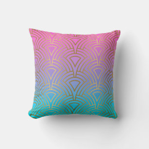 Coussin Art déco or motif sur rose et bleu ombre