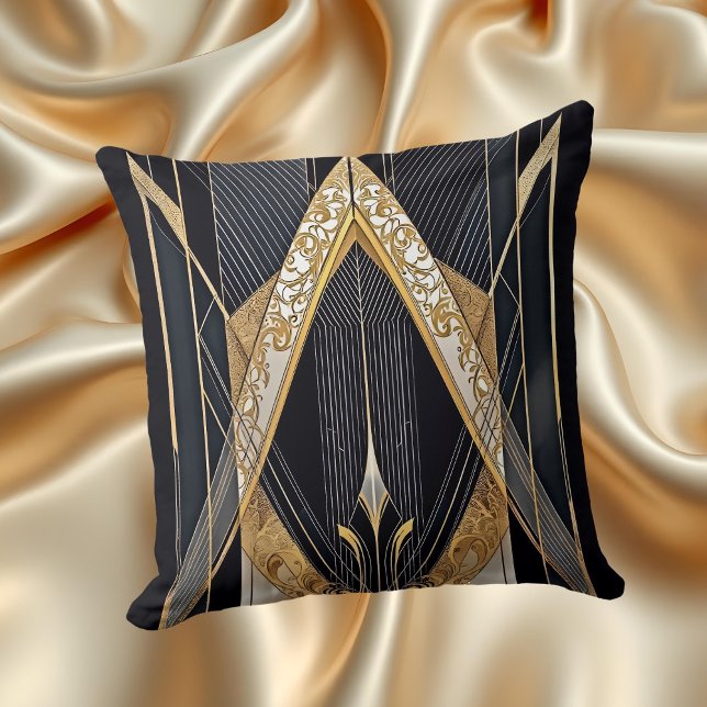 Coussin Art Déco Vieux or Noir dentelle géométrique Design (Créateur téléchargé)