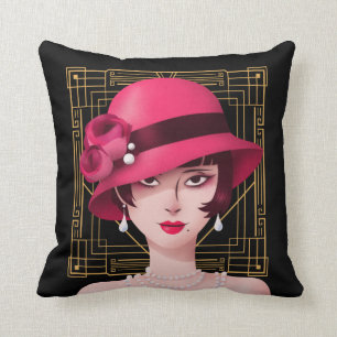Coussin Art Déco Vintage 1920 Lady Gold Frame Black