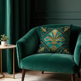 Coussin Art Déco vintage Fleur de lis - Vert et or
