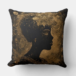 Coussin Art doré élégant du profil d'une femme avec la flo