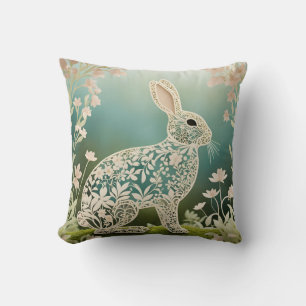 Coussin Art du printemps du lapin à fleurs blanches