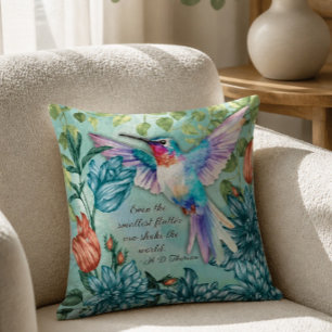 Coussin Art floral de colibri avec citation de Thoreau