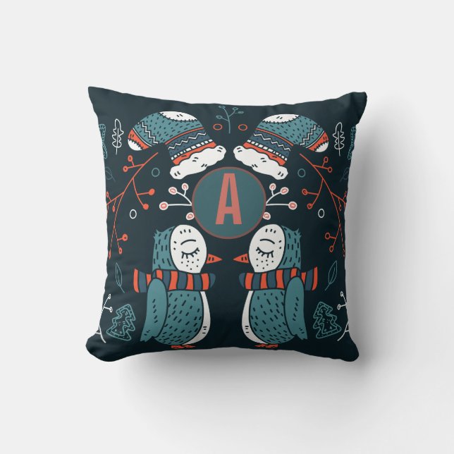 Coussin Art folklorique de Noël Monogrammé Hiboux Arbres B (Recto)