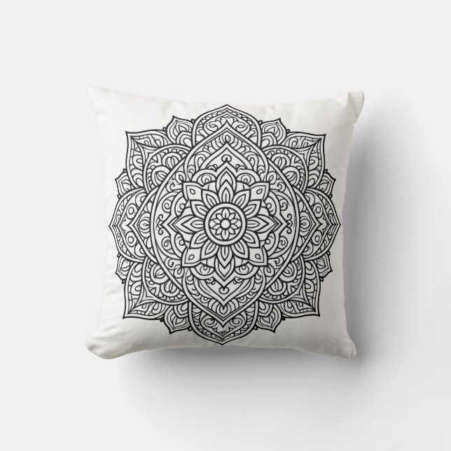 Coussin Art mandala aux lignes noires complexes (Recto)