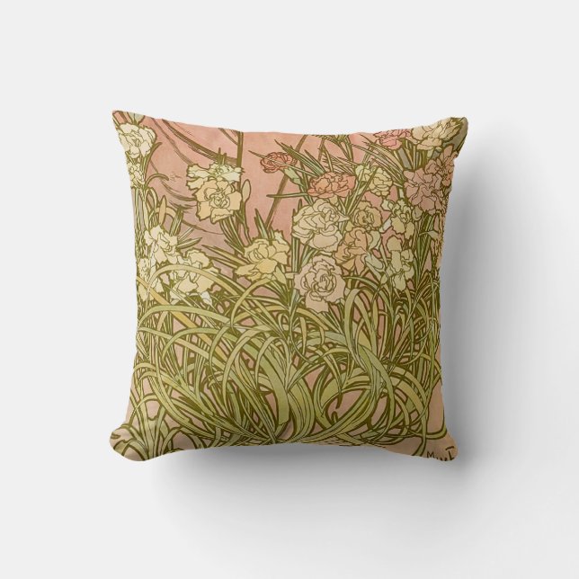 Coussin Art Nouveau Alfonse Mucha fleurs d'oeillets floral (Recto)