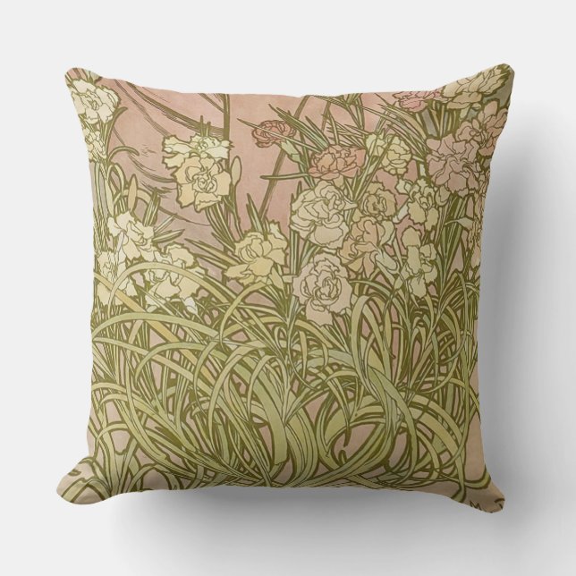 Coussin Art Nouveau Alfonse Mucha fleurs d'oeillets floral (Recto)