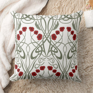 Coussin Art Nouveau Géométrique Pavots et Tiges Sinuieuses