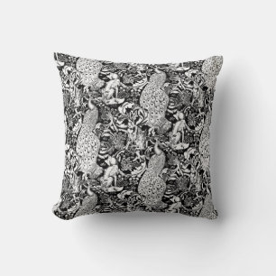 Coussin Art Nouveau Peacock Print, noir et blanc