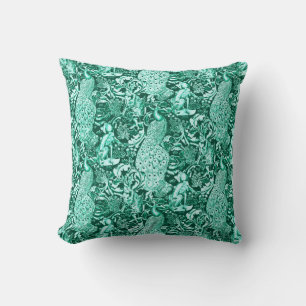 Coussin Art Nouveau Peacock Print, Turquoise et Aqua