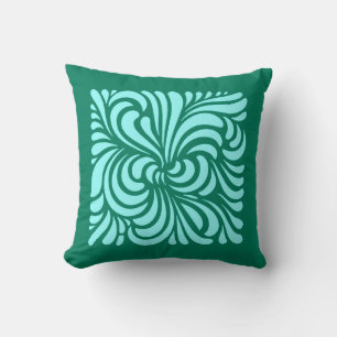 Coussin Art Nouveau Stylisé Feuille, Turquoise et Aqua