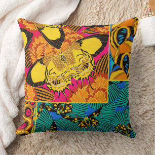 Coussin Art papillon rose et sarcelle maximaliste vibrant
