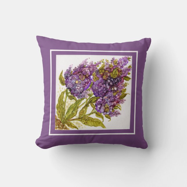 Coussin Art peint à la main de lilas pourpres de carreau (Recto)